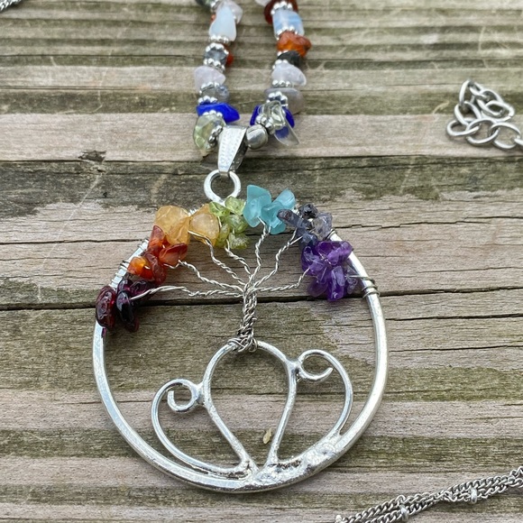 Genuine gemstone tree of life chakra necklace long 30” chain - Picture 6 of 12
